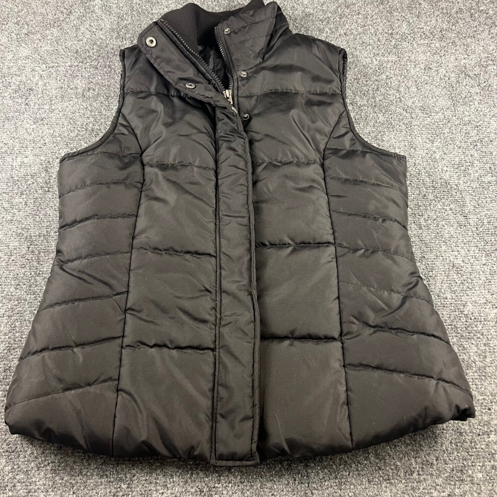 Outer Edge Black Puffer Vest Women Large Quilted Zip Snap Front Ribbed Collar